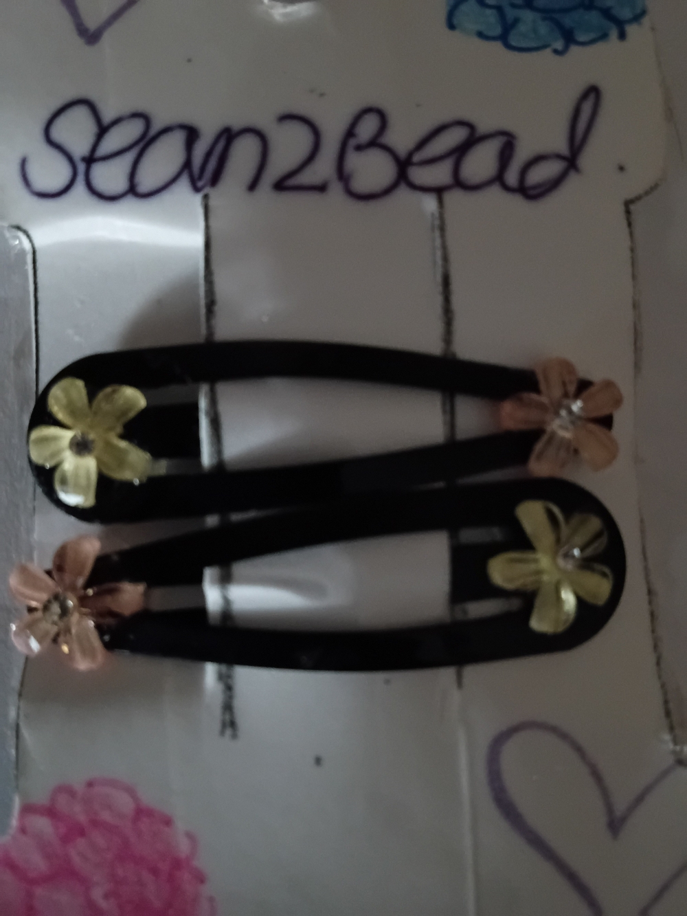 Black Floral Snap Hair Clips with Pink & Yellow Flowers